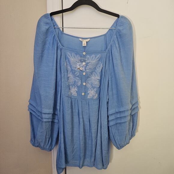 NwoT Light Blue Embroidered Blouse Sz XL Balloon Sleeves Boho Coastal Country - Picture 1 of 4